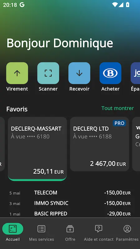 Capture d'écran de l'application BNP Paribas Fortis sur Android