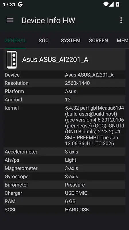 Capture d'écran de l'application Device Info HW sur Android