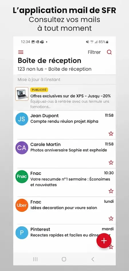 Capture d'écran de l'application SFR Mail sur Android
