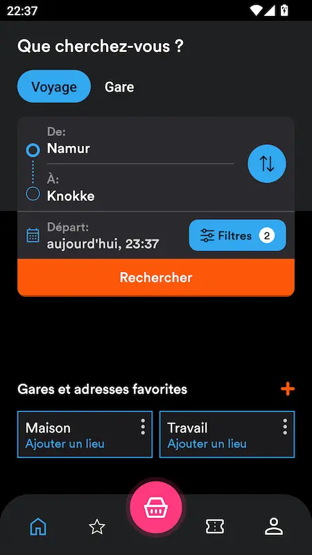 Capture d'écran de l'application SNCB sur Android