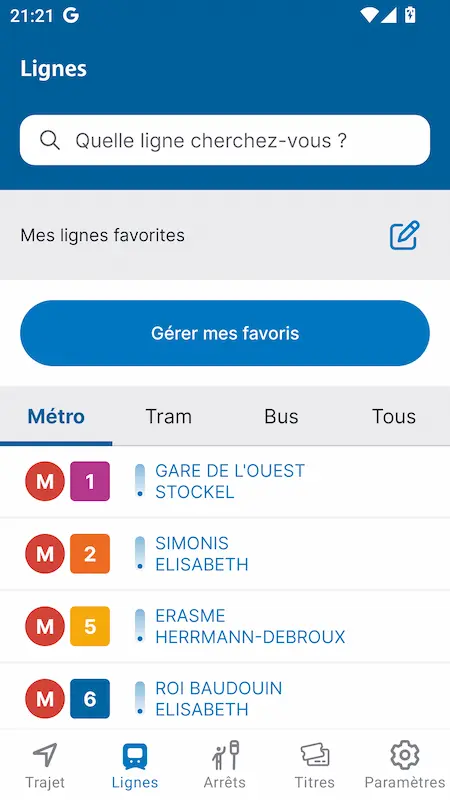 Capture d'écran de l'application STIB-MIVB sur Android